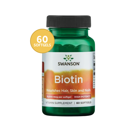 Swanson Biotina Alta Potencia 10.000 mcg · 60 Softgels