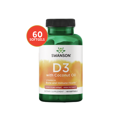 Swanson Vitamina D3 + Aceite de Coco 2.000 IU · 60 Softgels
